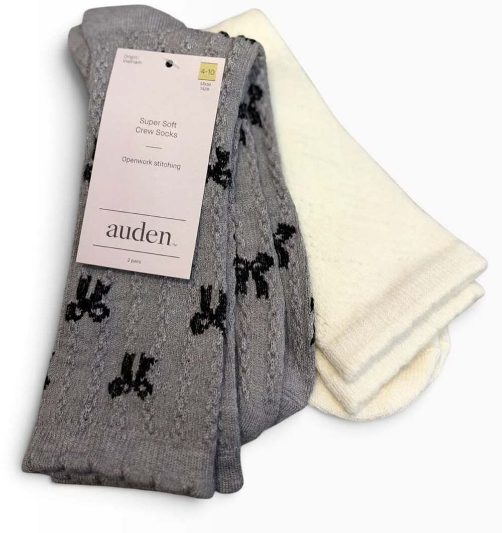 Auden Super Soft Crew Socks Size 4-10 Bow Print and Ivory 2 Pairs